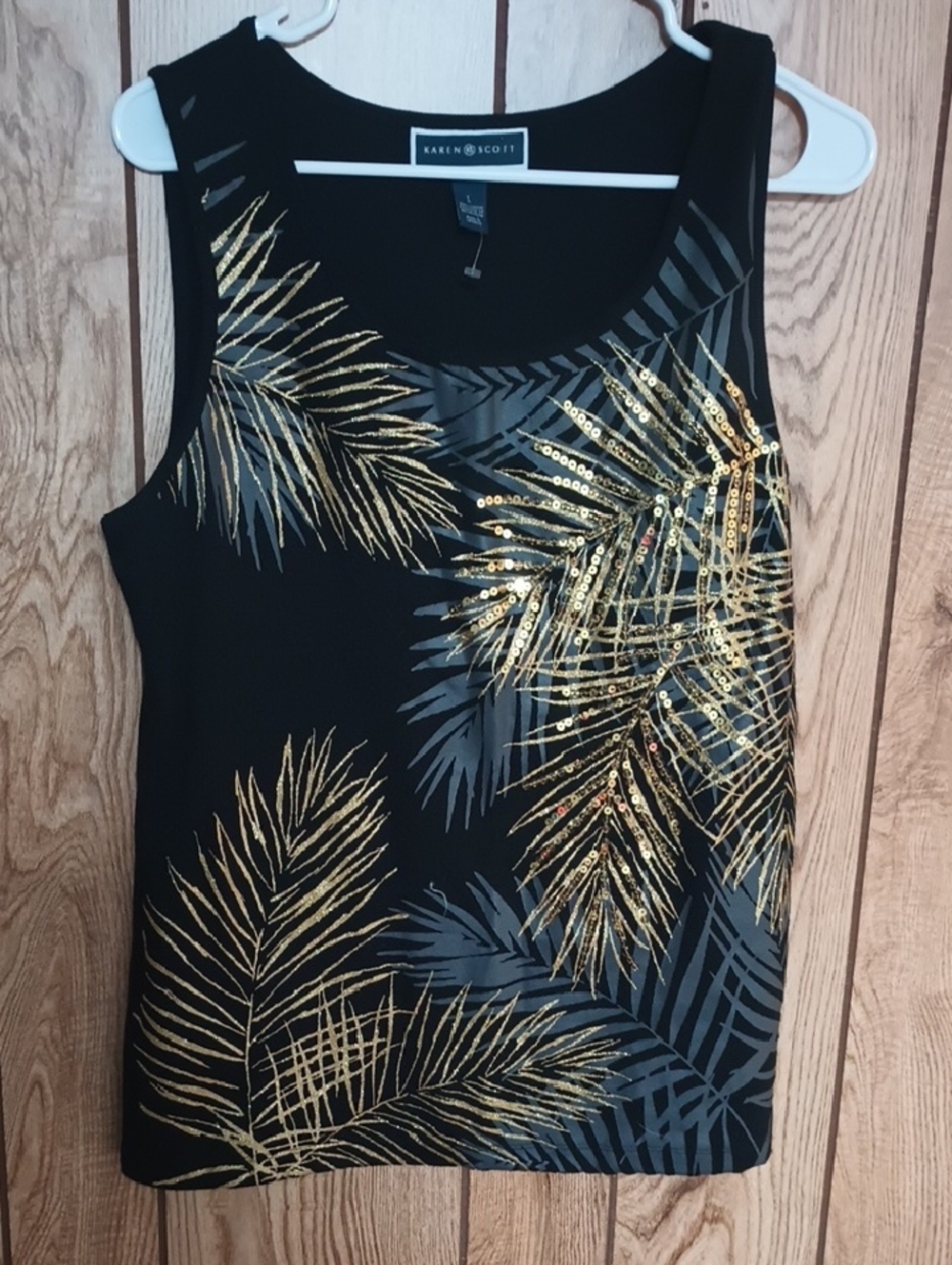 Karen Scott Black Tank with Gold Palm Sequin Accents